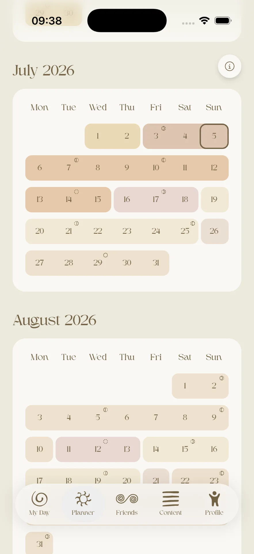 Cyclea Planner screen showing months mapped by cycle phase