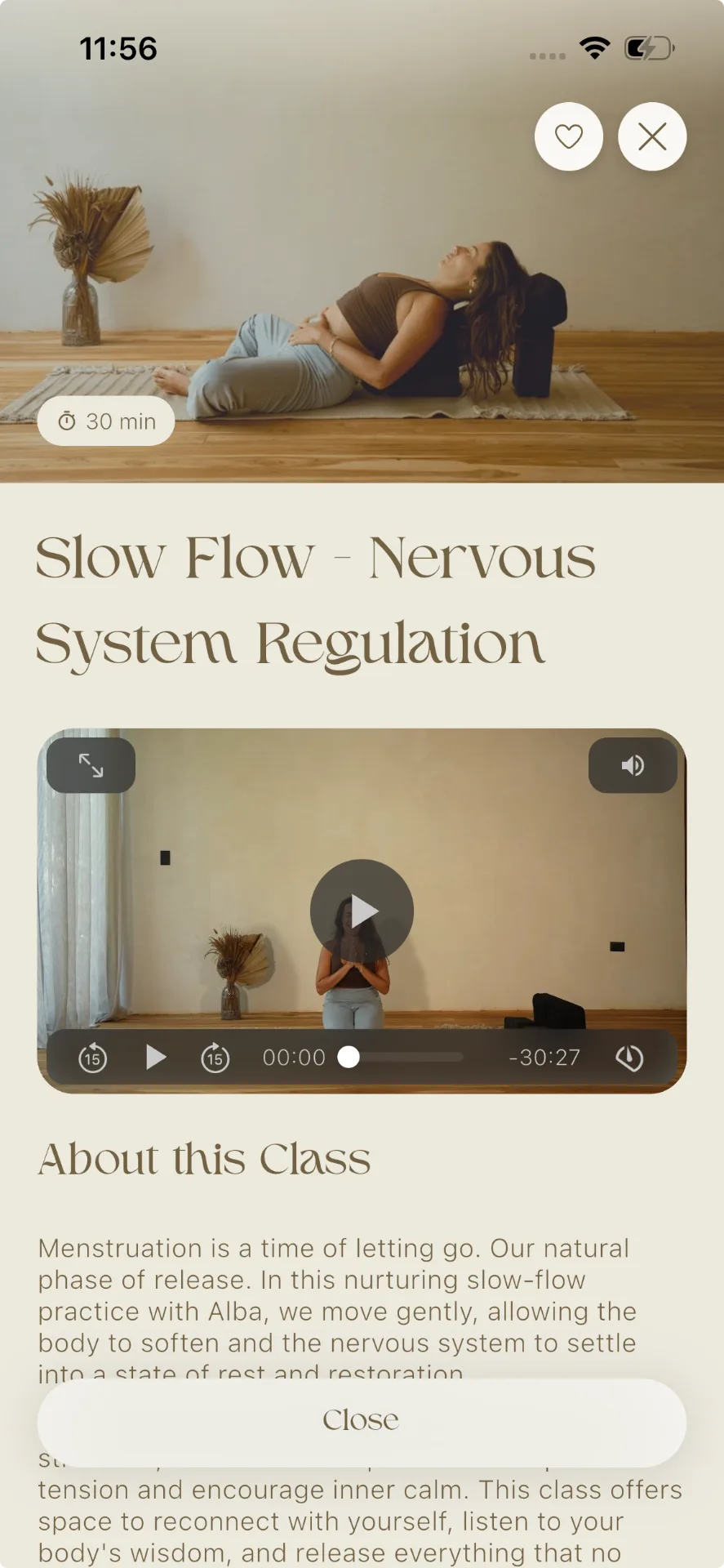 Cyclea class detail screen showing a slow flow yoga session for nervous system regulation